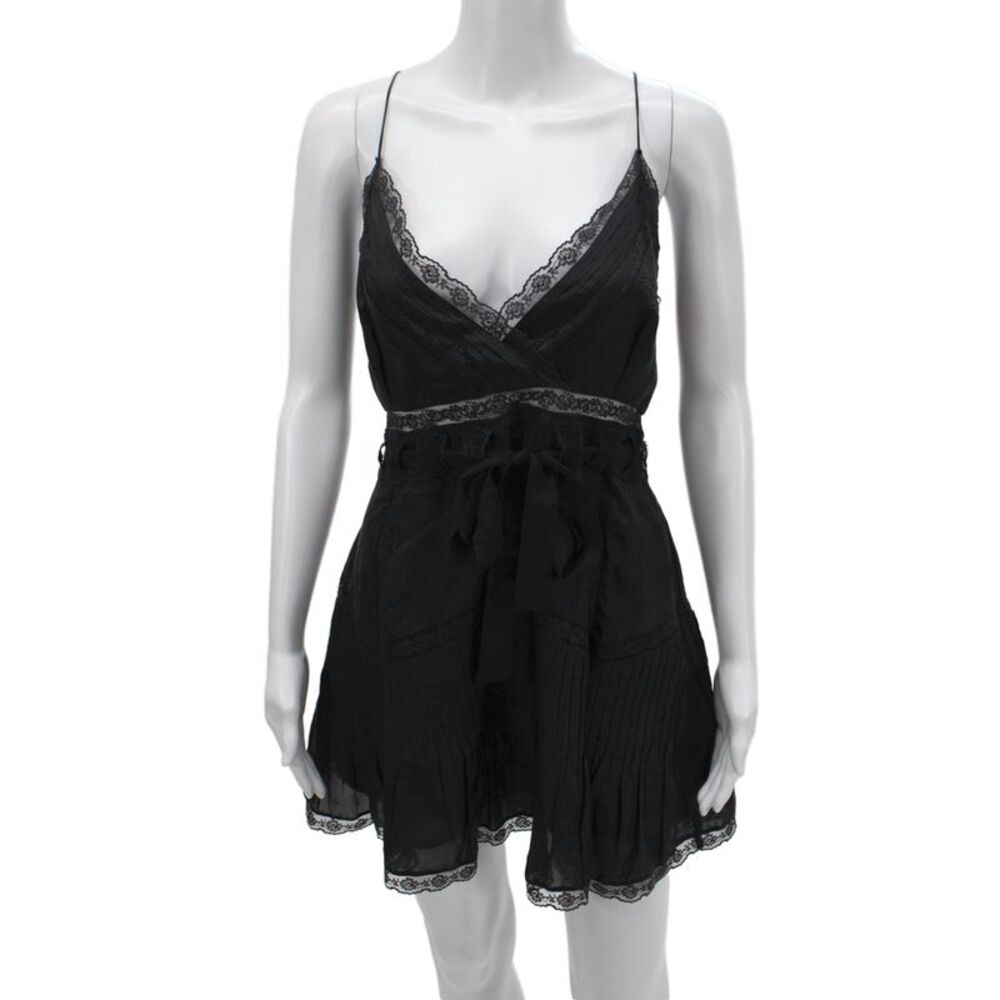 Love Shack Fancy Womens Silk Mini Dress Black V-Neck Sleeveless Tie Size 14